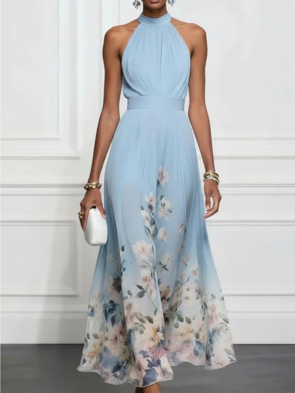 Light Blue Floral Halter Maxi Dress - Picture 3 of 3
